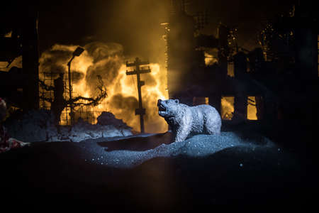Creative artwork decoration - Russian war in Ukraine concept. Giant explosion in city during war and bear at night. selective focusの写真素材