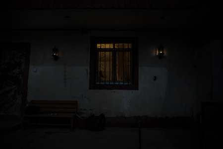 Old house with a Ghost in the forest at night or Abandoned Haunted Horror House. Old mystic building in dead tree forest. Surreal lights. Horror Halloween conceptの写真素材