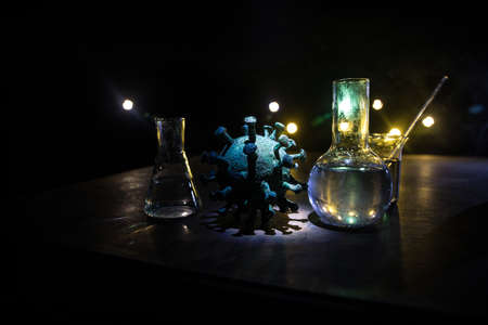 Pharmacy and chemistry theme. Test glass flask with solution in research laboratory. Science and...