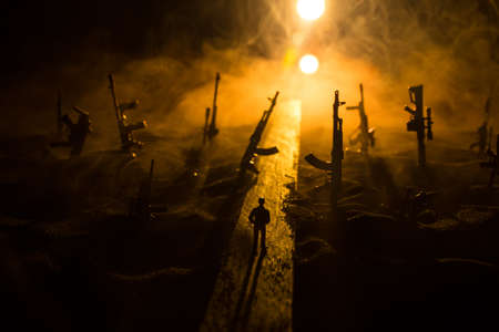 Creative artwork decoration - Russian war in Ukraine concept. Road and giant weapons with giant explosion of nuclear bomb. selective focusの写真素材