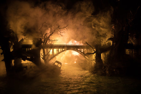 Nuclear war apocalypse concept. Explosion of nuclear bomb in city. City destroyed by atomic war. Creative artwork decoration in dark. Selective focusの写真素材