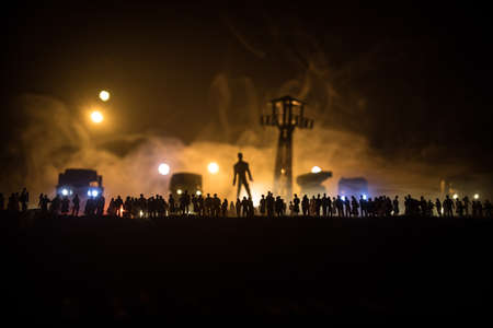 Creative artwork decoration - Russian war in Ukraine concept. Crowd looking at giant explosion and...