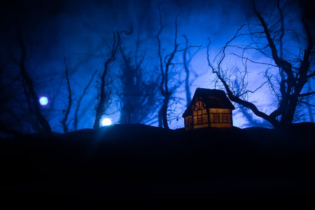 Old house with a Ghost in the forest at night or Abandoned Haunted Horror House in fog. Old mystic building in dead tree forest. Horror Halloween concept.の写真素材