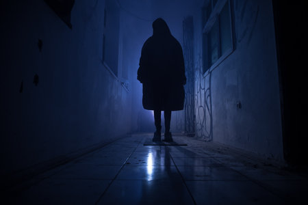 Halloween concept. Creepy silhouette in the dark corridor with pumpkin head. Toned light with fog on...
