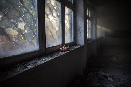 Old toy on a windowsill in an abandoned house in Chernobyl Ukraine. Post apocalyptic concept. selective focusの写真素材