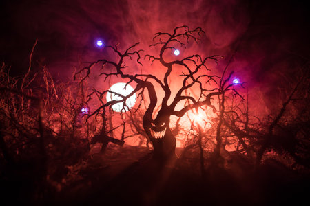 Spooky dark landscape showing silhouettes of trees in the swamp on misty night. Night mysterious forest in fire and dramatic cloudy night skyの写真素材