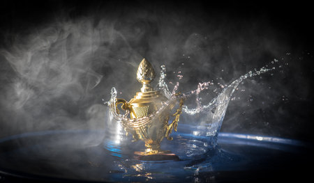 Abstract champions golden cup dropped on water or water splash with golden cup on dark foggy background. selective focus.の写真素材