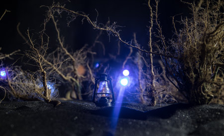 Spooky dark landscape showing silhouettes of trees in the swamp on misty night. Night mysterious...