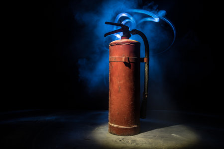 fire protection concept. Old fire extinguisher on dark foggy background with light. selective focusの写真素材