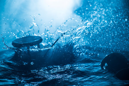 Abstract time concept. Hourglass dropped into water or water splash on dark foggy background. selective focus.の写真素材