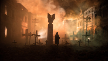 Nuclear war apocalypse concept. Explosion of nuclear bomb in city. Cemetery on ruined city street....