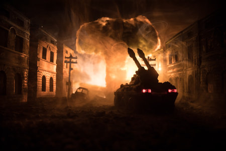 Rocket launch with fire clouds. Battle scene with rocket Missiles with Warhead Aimed at Gloomy Sky at night. Soldiers and Rockets War Backgound. selective focusの写真素材