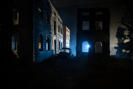 Nuclear war apocalypse concept. Explosion of nuclear bomb in city. City destroyed by atomic war. Creative artwork decoration in dark. Selective focus
