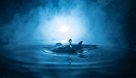 abstract concept. Fish (shark) silhouette jumping on water at night. Water splash on dark foggy background. selective focus.の写真素材