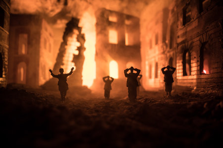 Military silhouettes fighting scene on war fog sky background. A German soldiers raised arms to...