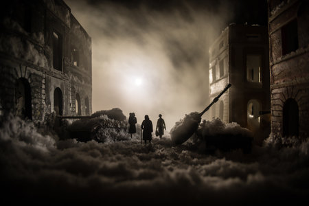 War apocalypse concept. Snow covered ruined city destroyed by war. Refugees and civilians silhouettes on dark. Creative artwork decoration in dark. selective focusの写真素材