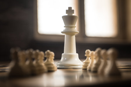 Chess board game concept of business ideas, competition and strategy. Chess figures on a dark background with smoke and fog. selective focusの写真素材