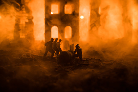 War concept. Military silhouettes fighting scene on war fog sky background. Sappers clears mines at the site of recent fighting zone. Battle in ruined city. selective focusの写真素材