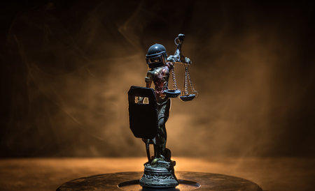 No law or dictatorship concept. The Statue of Justice with anti-riot police helmet holding scale. Creative artwork decoration with colorful toned foggy background. selective focusの写真素材