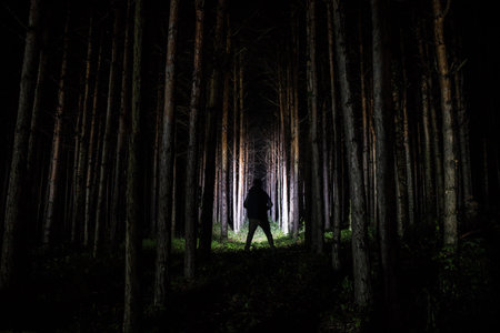 Silhouette of person standing in the dark forest with light. Horror halloween concept. strange silhouette in a dark spooky forest at nightの写真素材