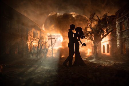 Nuclear war apocalypse and love until death concept. Romantic couple during atomic war. Creative artwork decoration in dark. selective focusの写真素材
