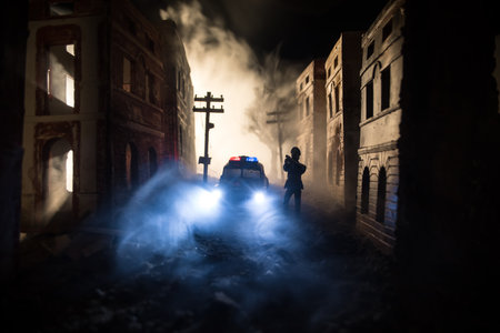 Police raid at night and you are under arrest concept. Silhouette of a police car on the backside. Image with the flashing red and blue police lights at foggy background.の写真素材