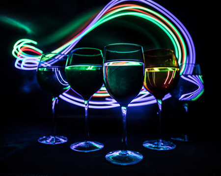 Wine glass on dark bar background low light. Colorful wine glasses with light on backside in selective focusの写真素材