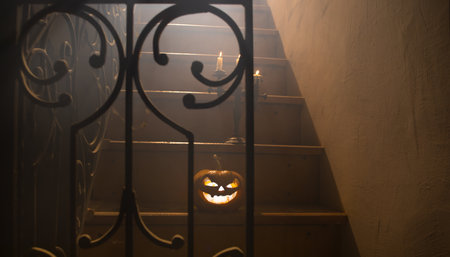 Horror Halloween concept. Creepy abandoned castle. An old candlestick and Halloween pumpkin glowing on wooden stairs with lattice door at night. Decoration with backlight and fog. selective focusの写真素材
