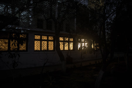 Old house with a Ghost in the forest at night or Abandoned Haunted Horror House in fog. Old mystic building in dead tree forest. Trees at night with moon. Surreal lights. Horror Halloween conceptの写真素材