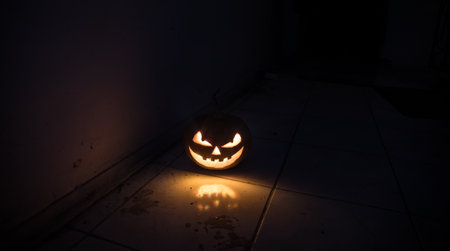 Halloween horror concept with glowing pumpkin. Halloween evil pumkins smilin faces in dark. selective focus. long exposure shotの写真素材