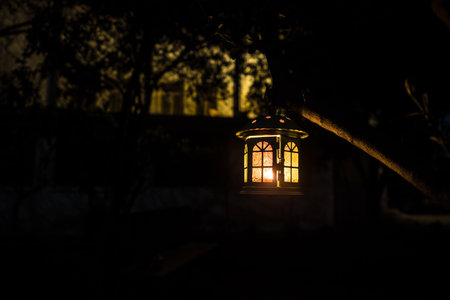 Beautiful colorful illuminated lamp in the garden in misty night. Retro style lantern at night outdoor. selective focusの写真素材