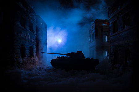 War apocalypse concept. Snow covered ruined city destroyed by war. Creative artwork decoration in dark. selective focusの写真素材