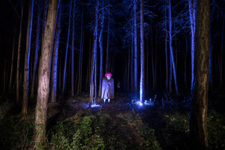 a scary evil clown wearing a dirty costume in the woods at night. Night forest, horror Halloween conceptの写真素材