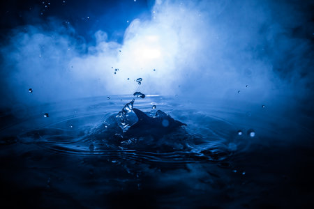 abstract concept. Fish (shark) silhouette jumping on water at night. Water splash on dark foggy background. selective focus.の写真素材