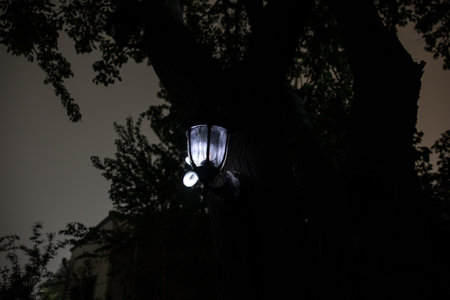Beautiful colorful illuminated lamp in the garden in misty night. Retro style lantern at night outdoor. selective focusの写真素材