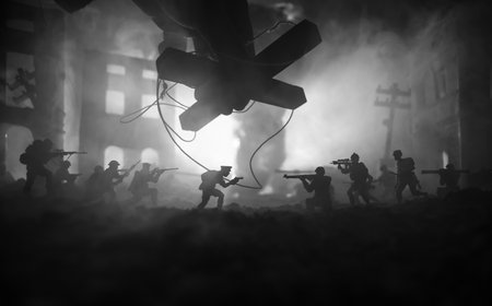 Concept of war or manipulation with global politics. The puppeteer controls soldiers. Night battle...