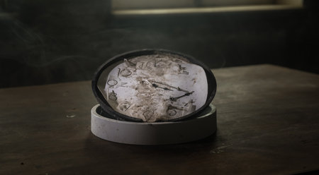 Old and vintage blank clock dial without hand on old wooden table. studio shotの写真素材