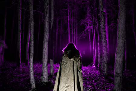 Alone girl in the forest at night. Horror Halloween concept. Silhouette of woman in dark pine forest. long exposure shot.の写真素材