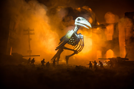 Concept of death soldiers during the war. Bird skeleton with military fighting silhouettes in destroyed city. selective focusの写真素材