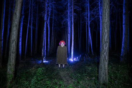 a scary evil clown wearing a dirty costume in the woods at night. Night forest, horror Halloween conceptの写真素材