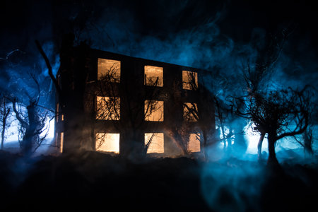 Silhouette of person standing in the dark forest with light. Horror halloween concept. strange...
