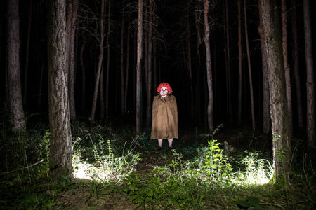 a scary evil clown wearing a dirty costume in the woods at night. Night forest, horror Halloween conceptの写真素材