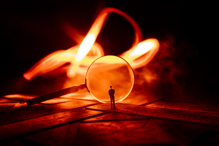 Magnifying glass on stone surface in dark background, under the light, mysterious detective concept. Silhouette of a person standing near giant magnifierの写真素材
