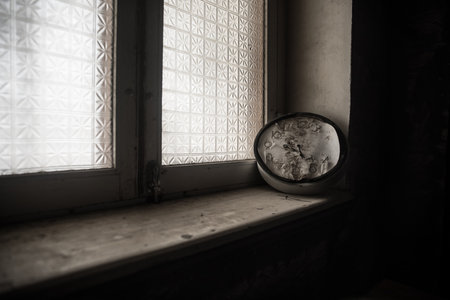 Old and vintage blank clock dial without hand on old wooden windowsill. studio shotの写真素材