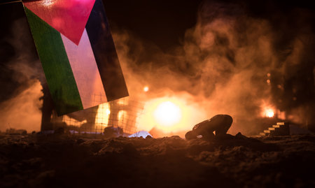 Conflict between Israel and Palestine concept. Burning and destroyed city by war. Concept of crisis...