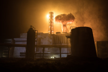 Creative artwork decoration. Chernobyl nuclear power plant at night. Layout of abandoned Chernobyl station after nuclear reactor explosion. Selective focusの写真素材