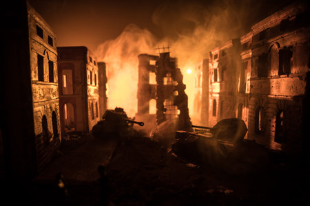 War Concept. Military silhouettes fighting scene on war fog sky background, World War Soldiers Silhouette Below Cloudy Skyline At night. Battle in ruined city. Selective focusの写真素材