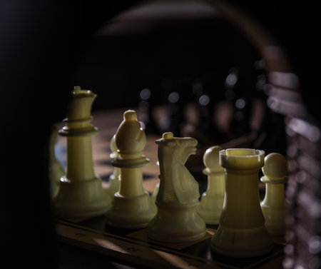 Chess board game concept of business ideas, competition and strategy. Chess figures on a dark background with smoke and fog. Selective focusの写真素材