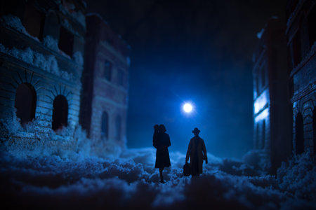 War apocalypse concept. Snow covered ruined city destroyed by war. Refugees and civilians silhouettes on dark. Creative artwork decoration in dark. Selective focusの写真素材