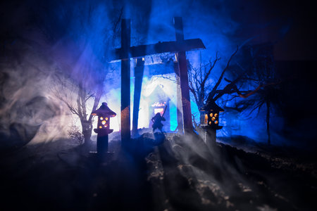 Creative artwork decoration. Abstract Japanese style wooden tunnel at night. Night scene in fantasy forest. Selective focusの写真素材